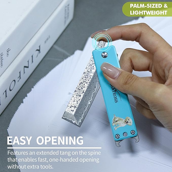 ALBATROSS Blue Damascus Cute Dog Pattern Pocket Knife - Stocking Stuffer for Men 3.5 Titanium Alloy Box Cutter - EDC Keychain Gadgets with Bottle Opener Mothers Day Fathers Day Gift for Dog Lovers