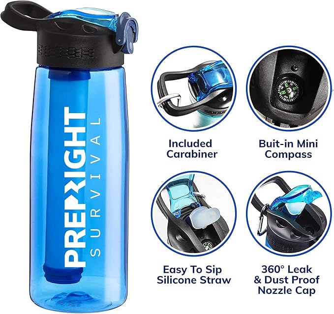 Survival – 4-Stage Water Filter Bottle BPA-Free 22oz Camping Water Bottle with Built-In Compass Travel and Emergency Preparedness Gear Purple