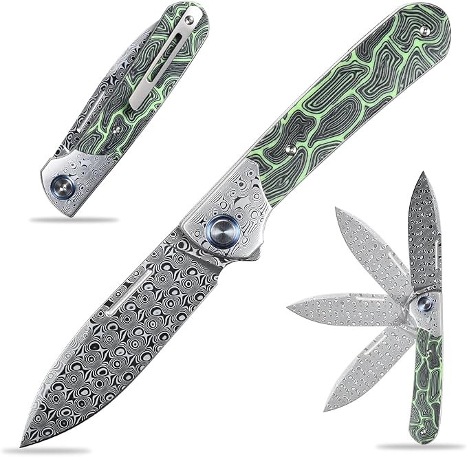 Sitivien ST256 Damascus Steel Folding KnifeDamascus Blade with Colorful G10 Handle EDC Knife for Outdoor CampingHiking Fishing(Green) … …