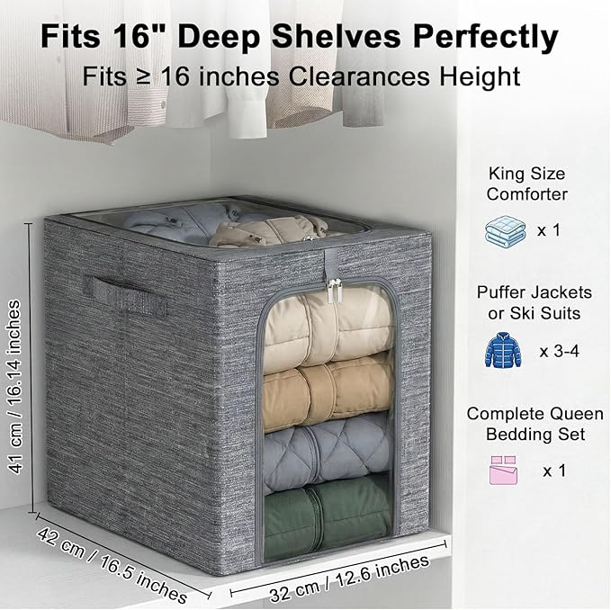 GoMaihe Clothes Storage Bins Metal Frame: 55L Extra Large Stackable Closet Storage Bin with Lid &amp Clear Window Heavy Duty Blanket Box for Winter Coats Comforters (Fits Deep Closet 4-Pack)