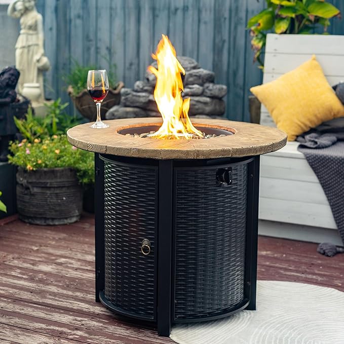 30'' Concrete Round Gas Fire Pit 50000 BTU Steel Outdoor Fire Tables Fire Table with Lid Add Warmth &amp Ambience to Gatherings and Parties On Patio Deck Garden Backyard.
