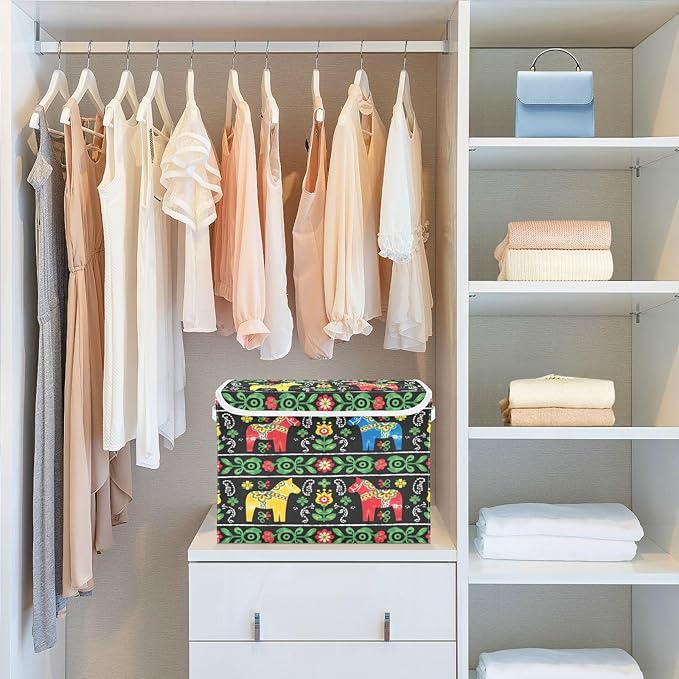 senya Baskets Collapsible Storage Bins with Lids Ethnic Swedish Dala Horse Storage Boxes Clothes Baskets for Organizing