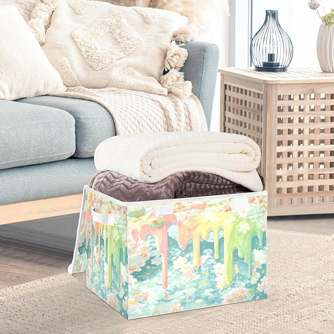 Storage Bins With Lid Stackable Fabric Closet Organizer Clothing Storage Large Boxes For Closet Shelves Bedroom Blue Flowers Meltingicecream Stars Soft