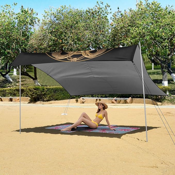 ALAZA Wolf Yinyang Beach Tent Sun Shelter UPF50+ Protection Beach Shade Canopy w/ 4 Sandbags for Outdoor Camping Fishing Backyard Fun Picnic 10x9 ft