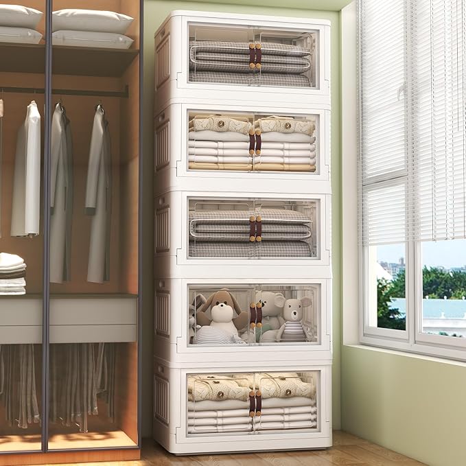 5 Storage Bins with 5 Lids78 Qt White Closet Organizers and Storage 3 Packs Stackable Bins with WheelsDouble Door Collapsible Storage Bins for Home and OfficeClear White Door