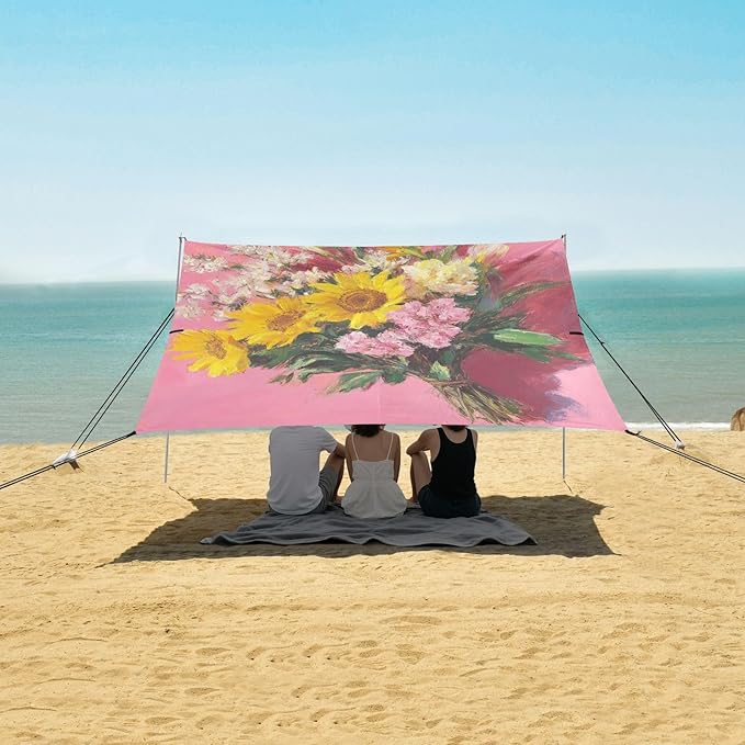 Oil Painting Bouquet on Pink Foldable Beach Tent UPF50+ Water-Resistant Sun Shelter with Sand Shovel Sandbags for Camping Picnics Backyard