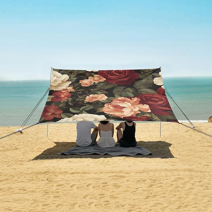 ALAZA Red Roses and Flower Beach Tent Sun Shelter Portable Canopy Sunshade for Outdoor Camping Picnics Backyard Fun 10x9 ft