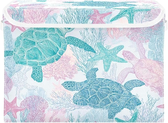 Collapsible Storage Bins with Lids Decorative Fabric Storage Cubes Closet Organizer and Storage Basket Boxes Containers for Clothes Box Chest Folding Rectangle Simple Turtles Starfish