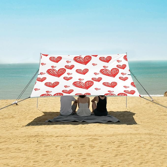 Beach Canopy with Windproof Ropes &amp Sandbags Beach Tent Sun Shade Sun Shelter for Camping Trips Fishing Backyard Fun or Picnics Heart