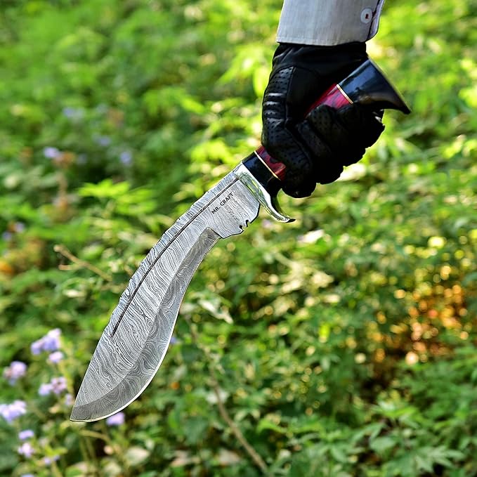 MR. CRAFT Custom Handmade Traditional Kukri Damascus Steel Fixed Blade Knife With Sheath Full Tang Heavy Duty Camping Knives - Gifts for Men (Red Wood &amp Black Horn)