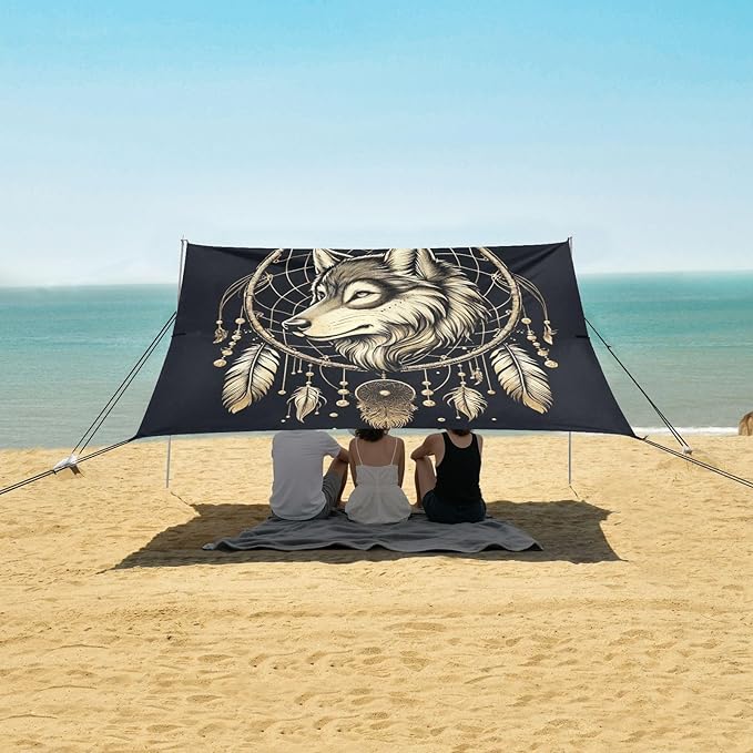 ALAZA Wolf Dream Catcher Boho Beach Tent Sun Shelter UPF50+ Protection Beach Shade Canopy w/ 4 Sandbags for Outdoor Camping Fishing Backyard Fun Picnic 10x9 ft