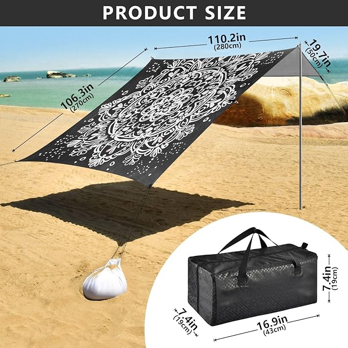 ALAZA White Graffiti Mandala Beach Tent Sun Shelter UPF50+ Protection Beach Shade Canopy w/ 4 Sandbags for Outdoor Camping Fishing Backyard Fun Picnic 10x9 ft