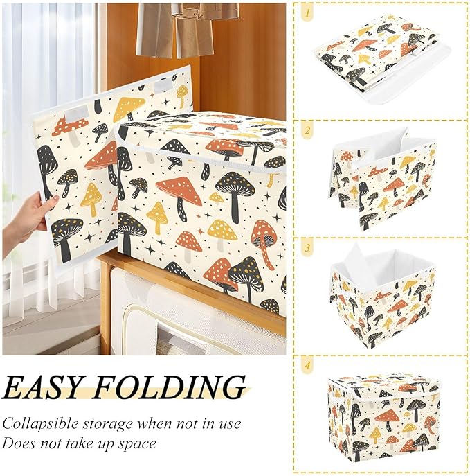 MNSRUU Containers Baskets with Lids Beautiful Mushroom Decor Foldable Storage Bins Organizer with Lid Collapsible Storage Boxes for Home Bedroom Closet Office