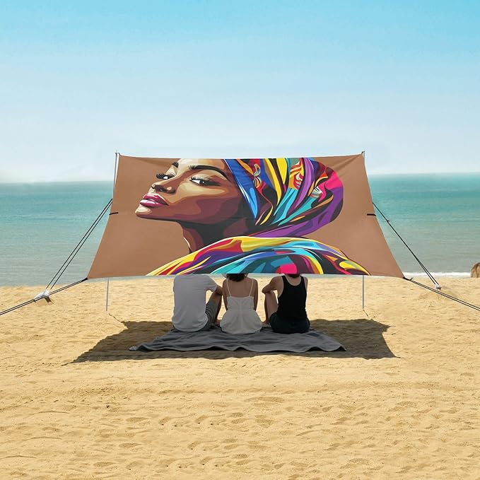 ALAZA African American Woman Portrait Beach Tent Sun Shelter UPF50+ Protection Beach Shade Canopy w/ 4 Sandbags for Outdoor Camping Fishing Backyard Fun Picnic 10x9 ft