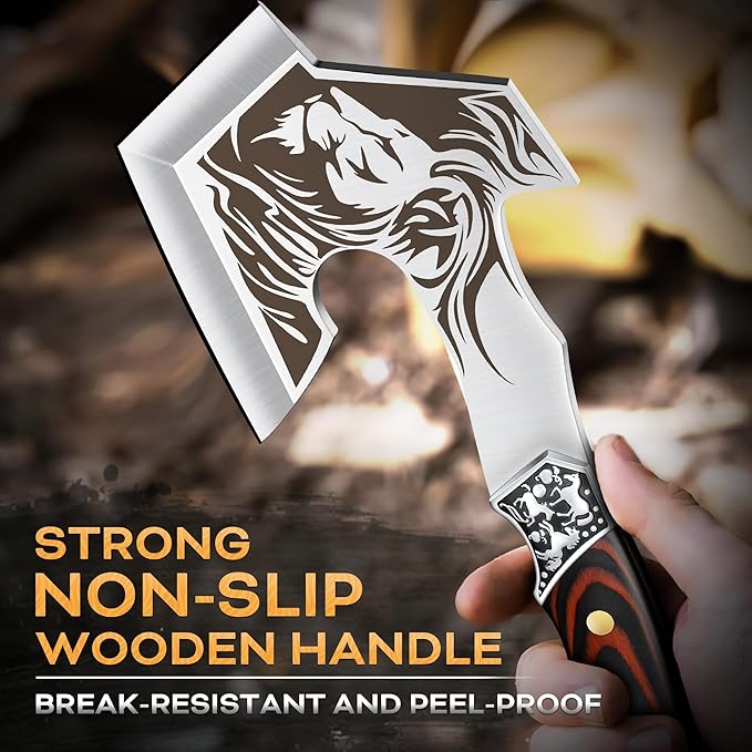 TIVOLI Camping Axe Lion - Patterned Survival Hatchet with Nylon Sheath High Carbon Steel Blade Compact Outdoor Bushcraft Axe with Ergonomic Wood Grip Camping Gear for Hiking Chopping Hunting