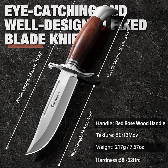 DRACHENADER Bowie Knife 10.5 Inch Hunting Knife with Sheath Outdoor Survival Bushcraft Fixed Blade Knife Comfortable African Rosewood Handle Incl. Black Gift Box
