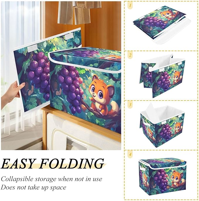 Collapsible Storage Bins with Lids Decorative Fabric Storage Cubes Closet Organizer and Storage Basket Boxes Containers for Clothes Box Chest Nursery Folding Rectangle Cute Grape Fox