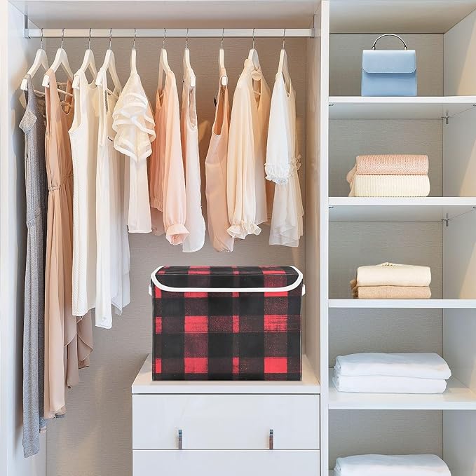 Storage Cube with Lid Black and Red Plaid Print 16.5×12.6×11.8 IN Collapsible Large Capacity Foldable Storage Basket Bin Organizer