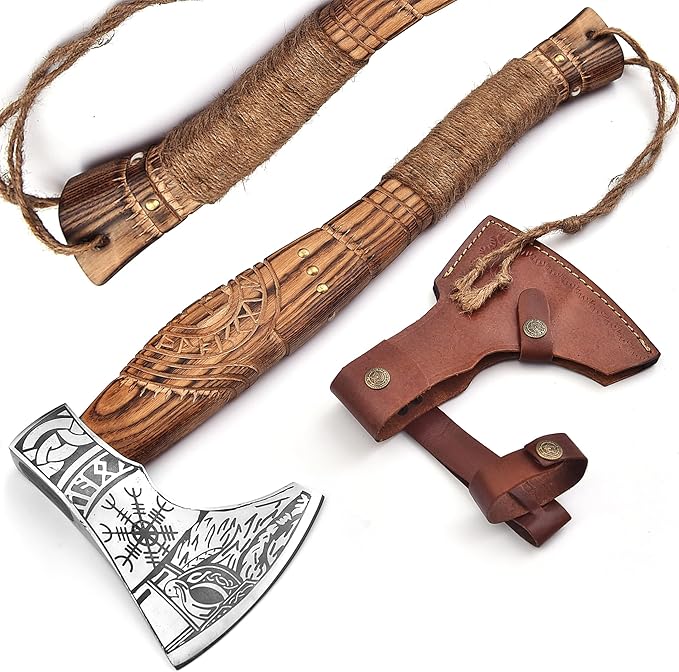Hand-Forged Viking Axe – Authentic Norse Battle Axe with Custom Engraved Carbon Steel Blade &amp Carved Wooden Handle – Perfect for Throwing Camping Hunting &amp Gifts AH-001-AX