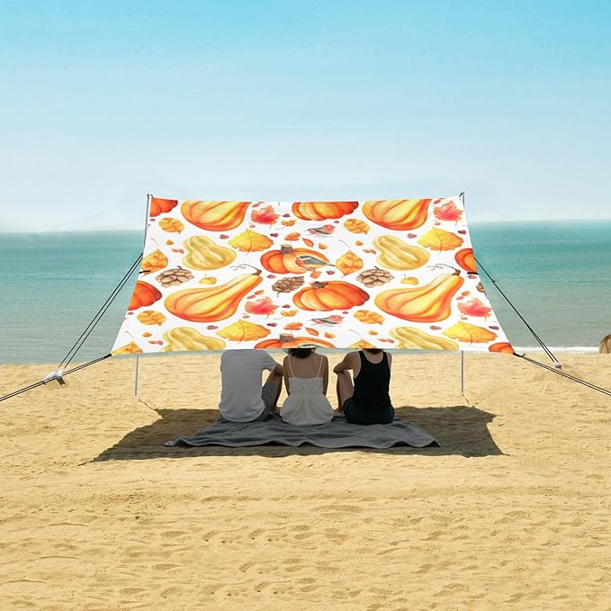 Beach Canopy with Windproof Ropes &amp Sandbags Beach Tent Sun Shade Sun Shelter for Camping Trips Fishing Backyard Fun or Picnics Pumpkins