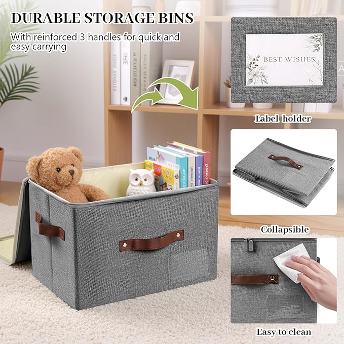 Lucky Monet 3PCS Storage Bins with Zipper Lids 10x8x7 Foldable Lidded Fabric Storage Boxes Baskets Cotton Linen Closet Shelf Clothes Organizer Container with Handles &amp Label Pocket (Grey Small