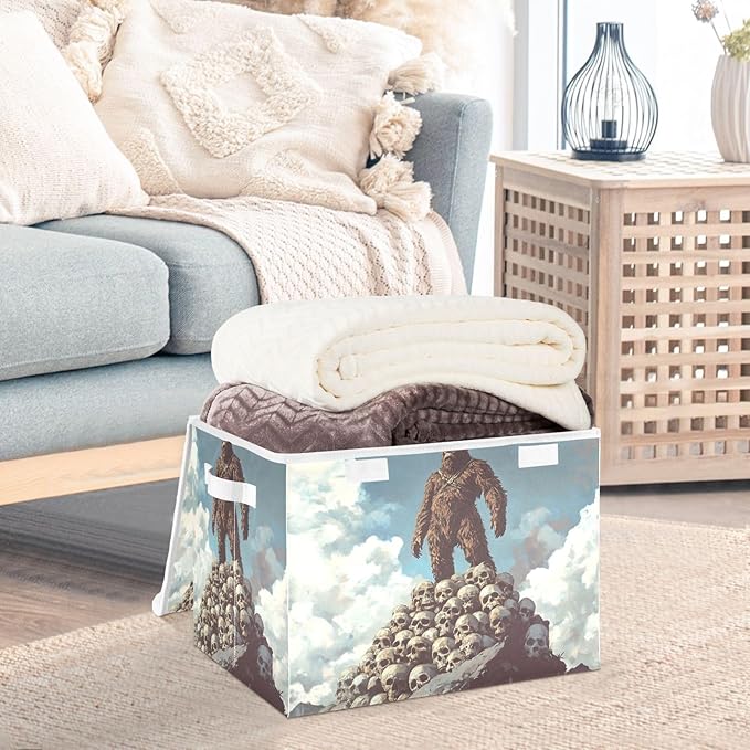 AIXIWAWA Lidded Storage Cube (Sasquatch on Skull) Fabric Foldable Closet Bins with Flip Lid and Handles Organizer Basket Container 16.5 x 12.6 x 11.8 IN