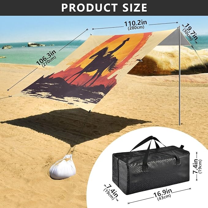 Cowboy at Sunset Beach Tent Sun Shelter Set UPF50+ UV Protection 10.5 x 9.19 FT Camping Shade Canopy with Sandbags Sand Anchors Carrying Bag and Others