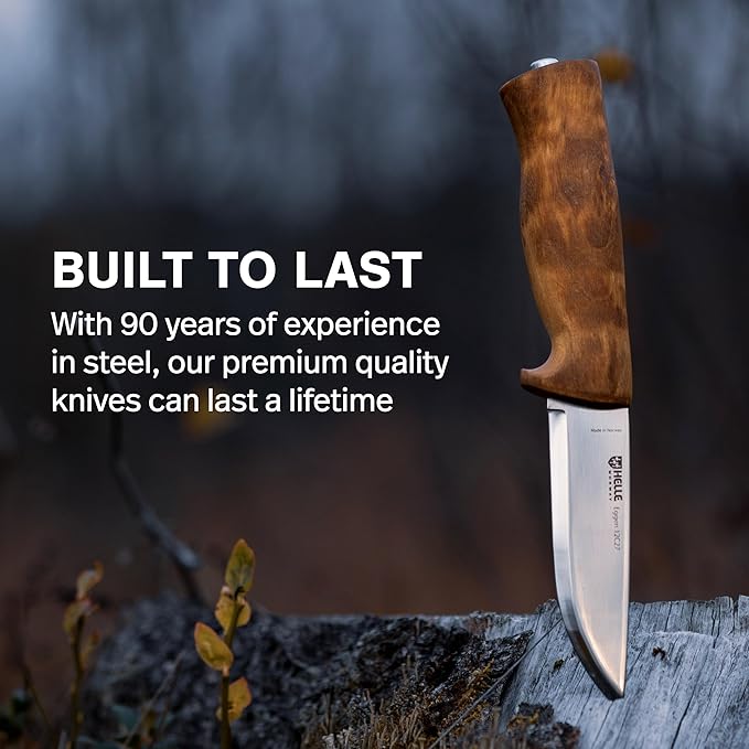 HELLE Knives - Eggen Stainless Steel - Outdoor Camping Knife Stick Tang Fixed Blade with Sheath Curly Birch Handle Made in Norway