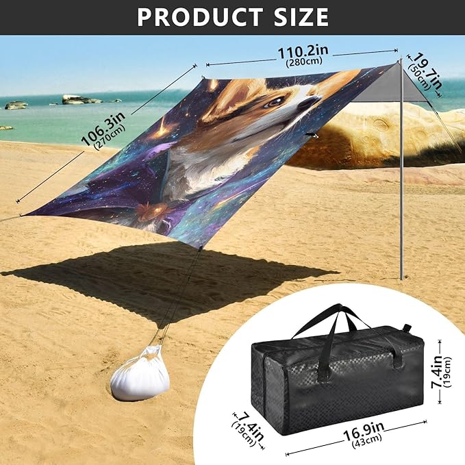 ALAZA Corgi Dog Starry Sky Beach Tent Sun Shelter UPF50+ Protection Beach Shade Canopy w/ 4 Sandbags for Outdoor Camping Fishing Backyard Fun Picnic 10x9 ft