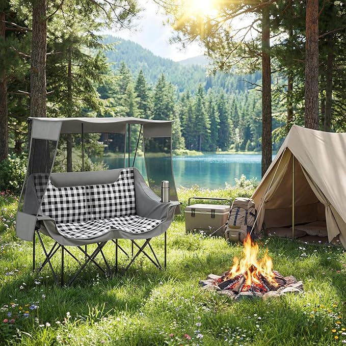 Teenyyou Double Camping Chair with Canopy Shade 660lbs Heavy Duty Beach Chair Portable Folding 2 Person Camping Loveseat with Cup Holder and Storage Bag for Lawn Beach Outdoor Sport(Grey Plaid)