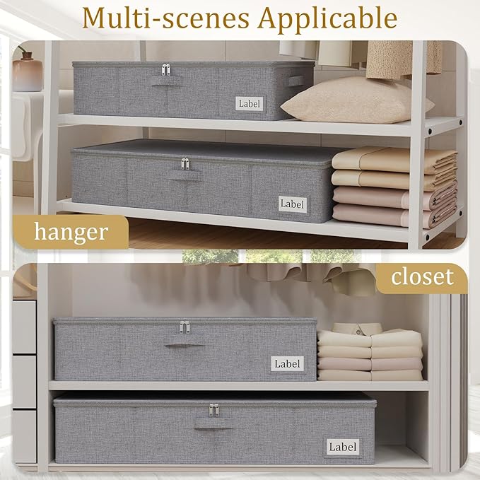 Yawinhe Foldable Underbed Storage Bags Containers Bin with Lids Large Under Bed Organizer Box with Sturdy Zipper und Label Holders for Clothing 31.5''Lx15.7''Wx6''H 4 Pack Grey