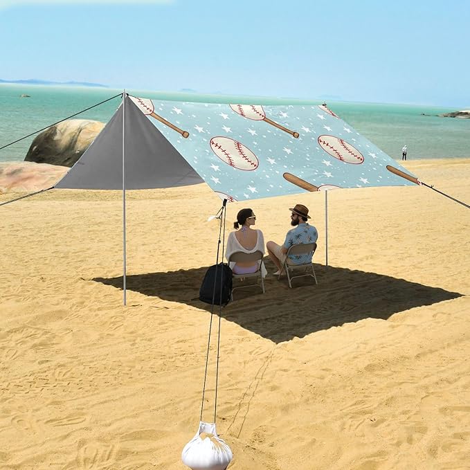 xigua Baseball Beach Tent Sun Shelter with Carrying Bag - Silver Coated Oxford Fabric Beach Canopy for Beach Camping Fishing - Includes Windproof Ropes Sandbags &amp Stakes