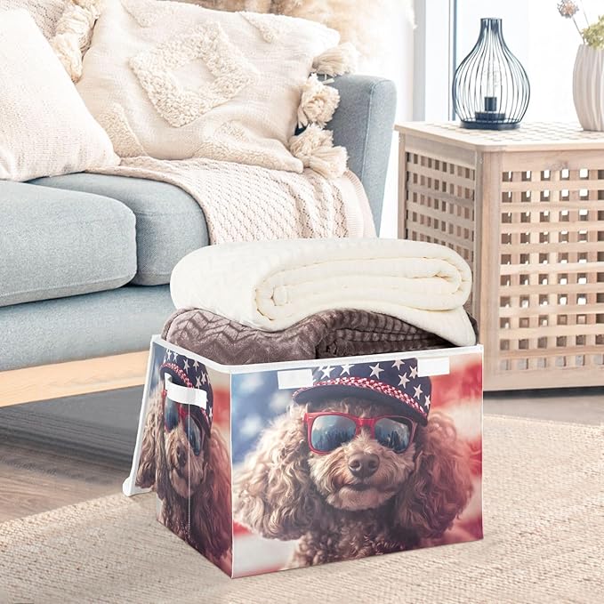 Storage Cube with Lid American Dog Print 16.5×12.6×11.8 IN Collapsible Large Capacity Foldable Storage Basket Bin Organizer