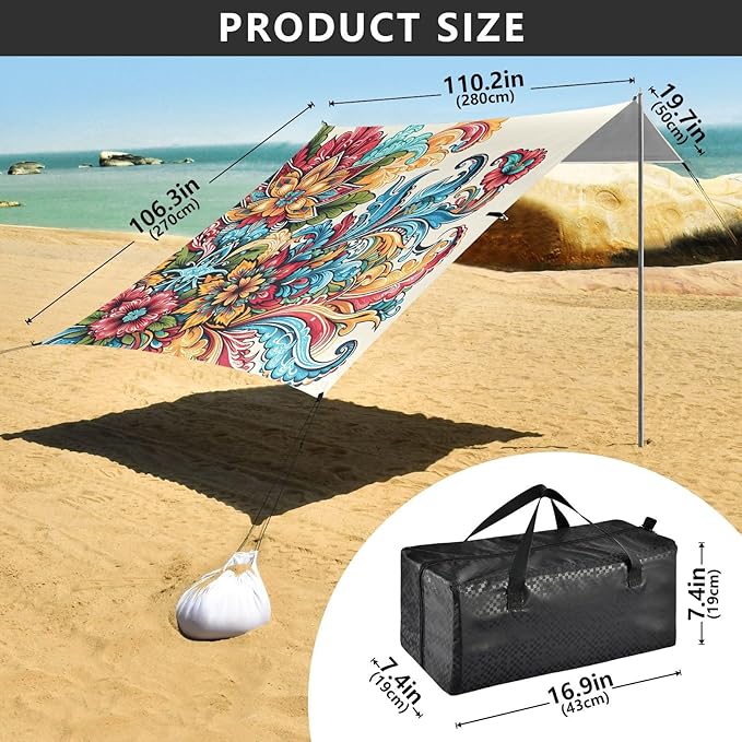 Traditional Floral Waves Beach Tent Sun Shelter Set UPF50+ UV Protection 10.5 x 9.19 FT Camping Shade Canopy with Sandbags Sand Anchors Carrying Bag and Others