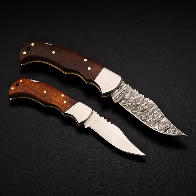 Babu Butt &amp CO Damascus Steel Folding Hunting Knife Set (2-Piece) Rosewood Handle Pocket Knife Handmade EDC Knife for Camping Survival &amp Outdoor Use Gift for Dad Groomsmen Father's Day