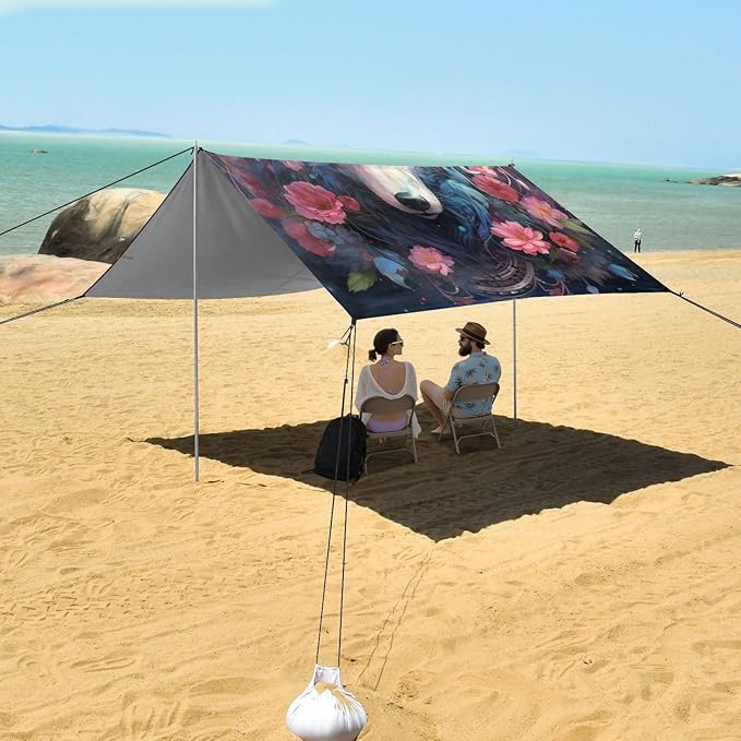 ALAZA Wolf with Flower Beach Tent Sun Shelter Portable Canopy Sunshade for Outdoor Camping Picnics Backyard Fun 10x9 ft