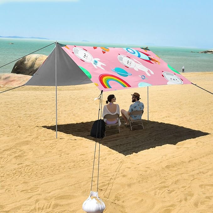 Astronaut Cats Beach Canopy Sun Shelter with Sandbags &amp Sand Shovel &amp Windproof Ropes - Portable 110x126 Beach Shade Beach Tent for Camping Picnics