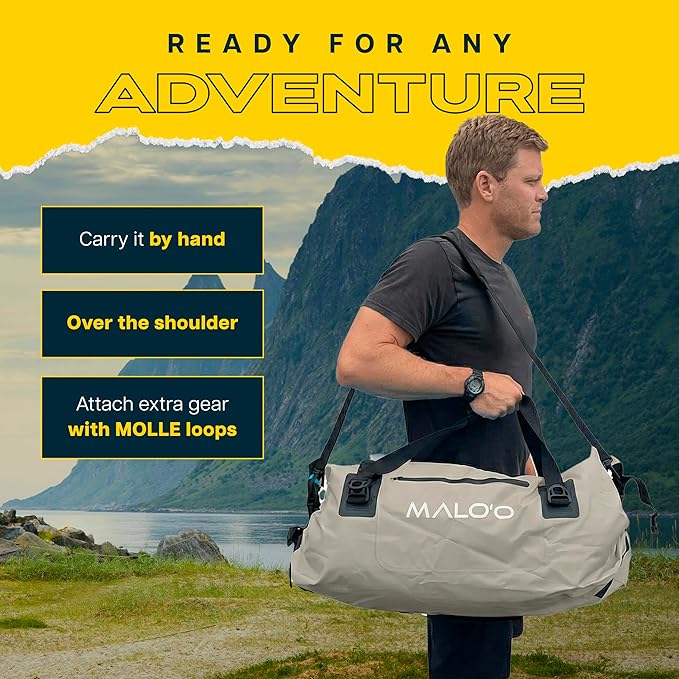 Malo’o Waterproof Dry Duffel Heavy-Duty Roll Top Waterproof Gear Bag with Shoulder Strap &amp Molle Loops Marine Duffel for Kayaking Boating Camping Beach &amp Travel Grey 60L