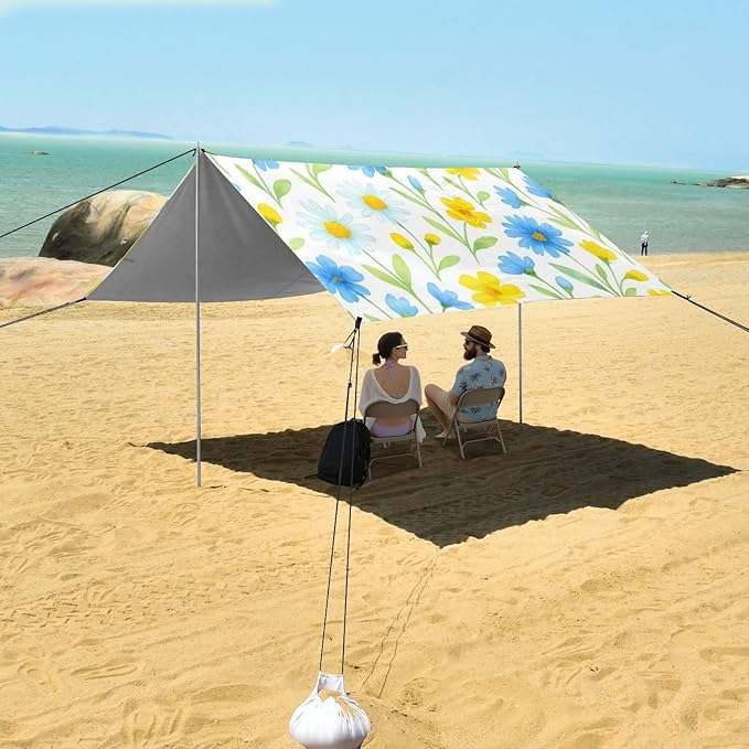 Beach Canopy with Windproof Ropes &amp Sandbags Beach Tent Sun Shade Sun Shelter for Camping Trips Fishing Backyard Fun or Picnics Wildflowers