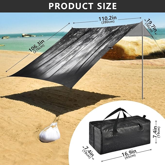 Forest Black Trees Beach Tent Sun Shelter Set UPF50+ UV Protection 10.5 x 9.19 FT Camping Shade Canopy with Sandbags Sand Anchors Carrying Bag and Others