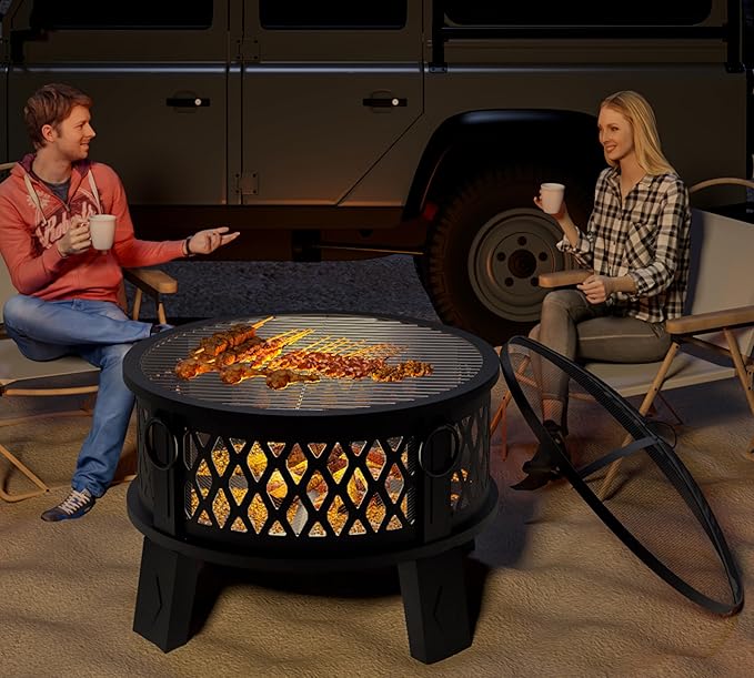 Fire Beauty 26 Steel Fire Pit with Grill &amp Diamond Mesh Design360° Airflow Tech for 80% Less SmokeXL FlamesHeavy-Duty Portable Outdoor Fire Bowl for Camping Backyard Beach (22lbs 4 Handles)