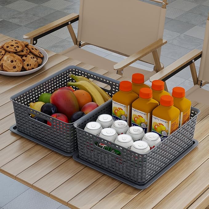 13 Quart Flat Storage Baskets with Lids Stackable Plastic Weave Organizing Basket Bin 6 Packs