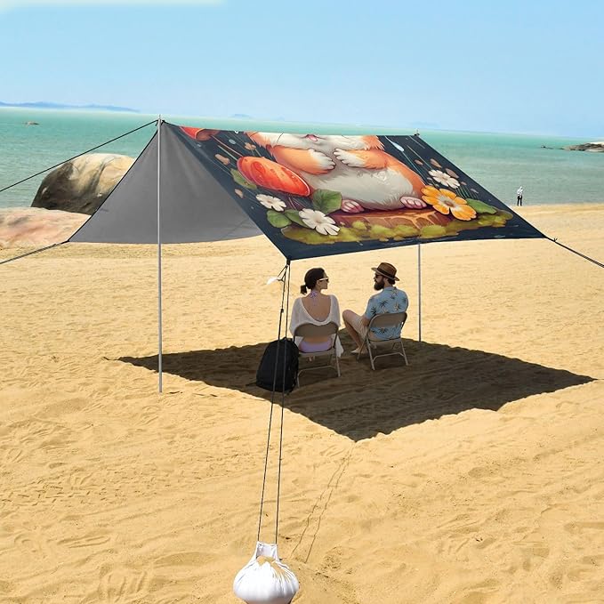 ALAZA Hamster Mushroom Beach Tent Sun Shelter UPF50+ Protection Beach Shade Canopy w/ 4 Sandbags for Outdoor Camping Fishing Backyard Fun Picnic 10x9 ft