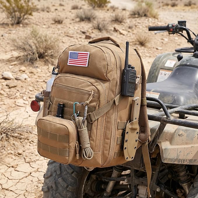 Tactical Hiking Backpack with 180° Open Design Molle Webbing Padded Laptop Compartment Lightweight for Outdoor Adventures (tan)
