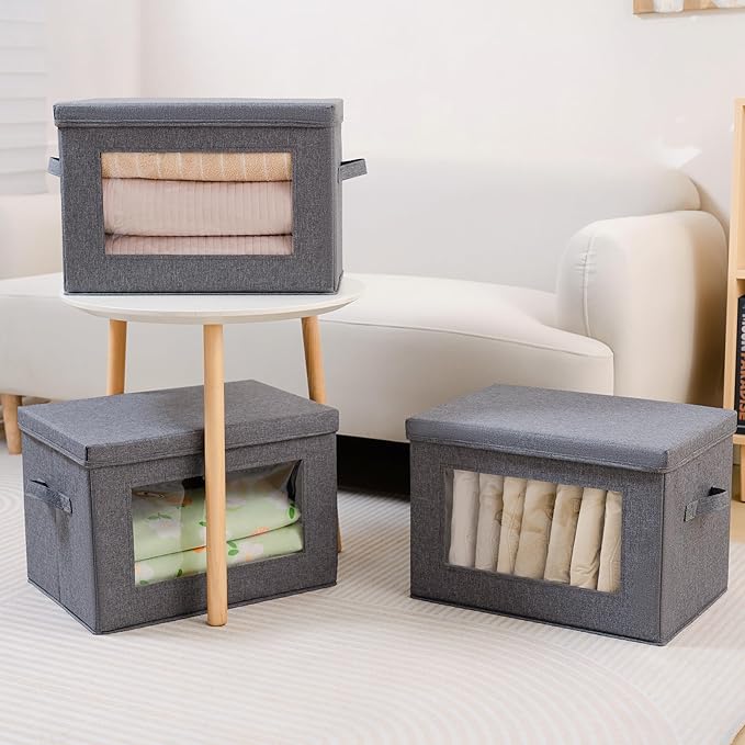 3-Pack Collapsible Storage Bins with Lids Linen Fabric Foldable Storage Boxes Cube Closet Organization for Clothes Blankets Books Gray