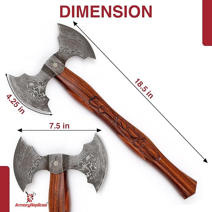 Armory Replicas™ Nightmare Blade of Ragnheidr Damascus Steel Axe – Double Headed Hand Forged with Sheesham Wood Handle Floral Carving &amp Leather Sheath