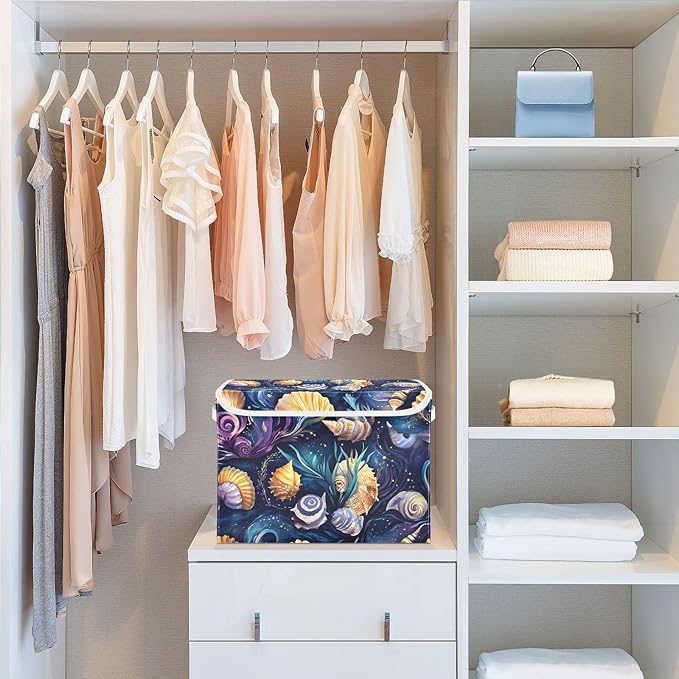 Fantastic Sea Shells Storage Cube Bins Basket with Lid Collapsible Flip-top Fabric with Handle for Home Bedroom Closet Office 16.5×12.6×11.8 in