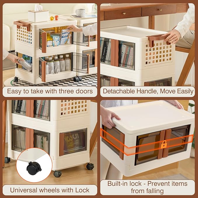 UHAPEEER 165Qt Stackable Storage Boxes with Lid 13.7Gal*3 Large Storage Bins with Wheels and Handle Plastic Storage Cabinet Collapsible Storage Bins with Front &amp Side Open Door for Closet Organi