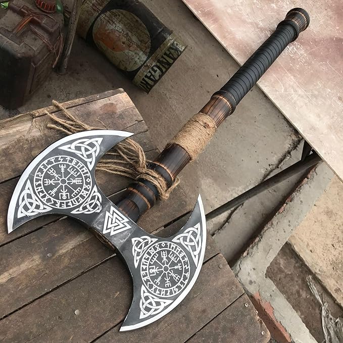 [MDM King Tools] Custom Handmade Viking Axe Medieval Ax with Viking Gift Hand Axes Viking Gifts for Men Camping Tomahawk Bearded Ragnar Axe with Leather Sheath (Dobule)
