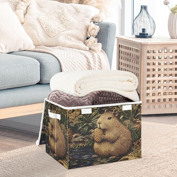 Storage Cube with Lid Pineapple Capybara Print 16.5×12.6×11.8 IN Collapsible Large Capacity Foldable Storage Basket Bin Organizer